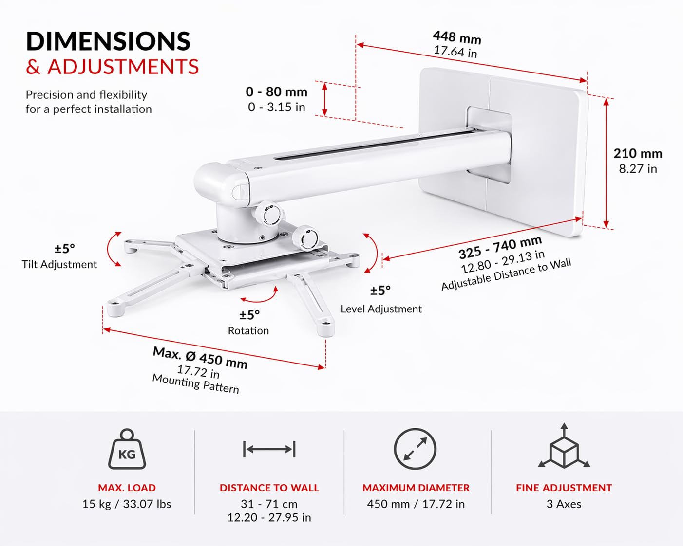 Multibrackets Supporto da Parete per Proiettore a Corta Distanza Bianco – Regolabile 31–71 cm, fino a 15 kg, Regolazione Fine 3 Assi, Gestione Cavi, Installazione Professionale