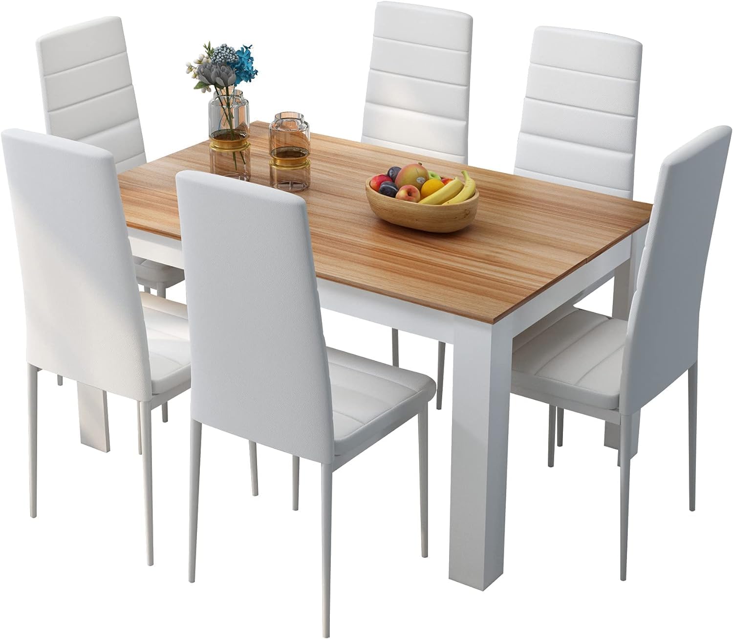 Dining Table and Chairs Set 6, Dining Room Sets High Back Faux Leather Chair, for Kitchen Home Office, 138 x 90 x 75 cm, Oak Table White Chairs