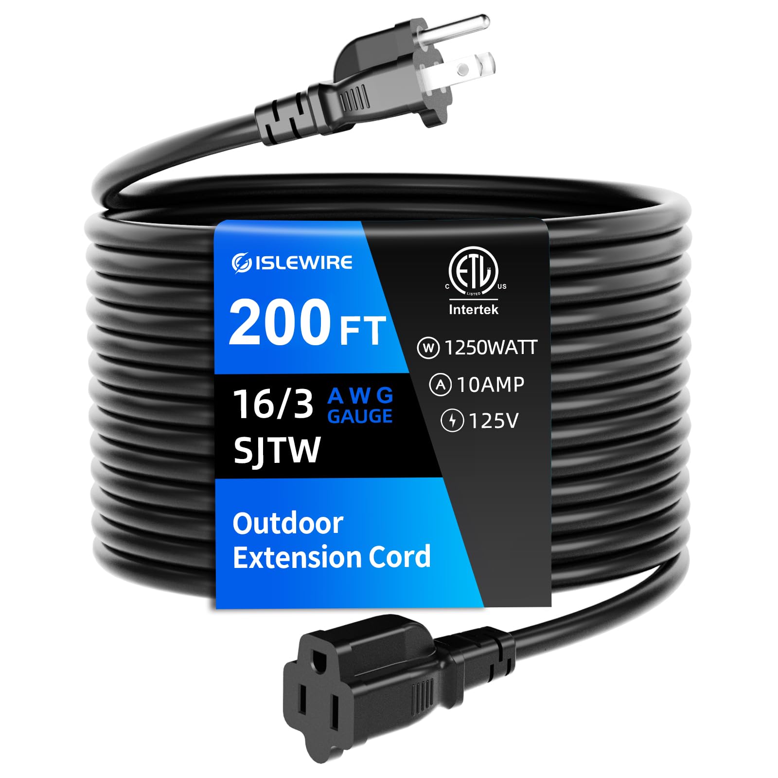ISLEWIRE 200 FT Outdoor Extension Cord Waterproof, Black, 16 AWG SJTW