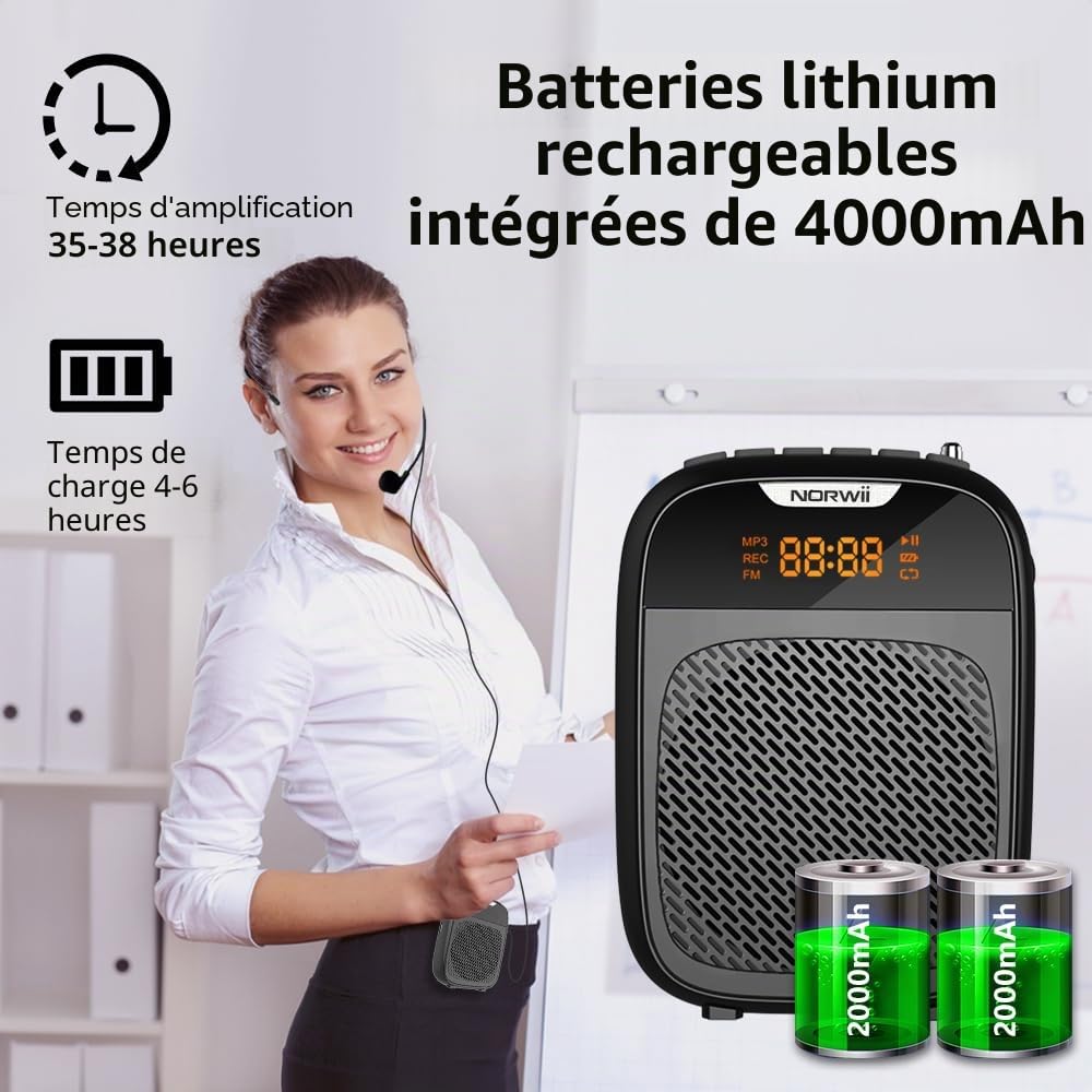Norwii Mini amplificateur de Voix Portable Rechargeable Bluetooth 4000 mAh avec Microphone avec câble Casque et Ceinture, système PA amplificateur de Voix Personnel pour Enseignants, Guides