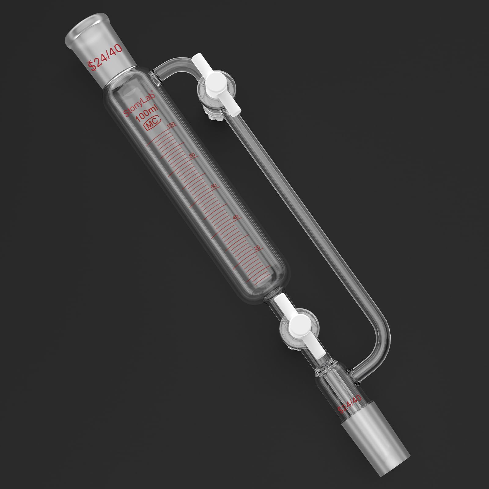 stonylab Druckausgleichs-Zugabetrichter, 24/40 Schliff, Graduierter Tropftrichter aus Borosilikatglas mit 2 PTFE-Hähnen, für Kontrollierte Zugabe im Labor, 100 ml