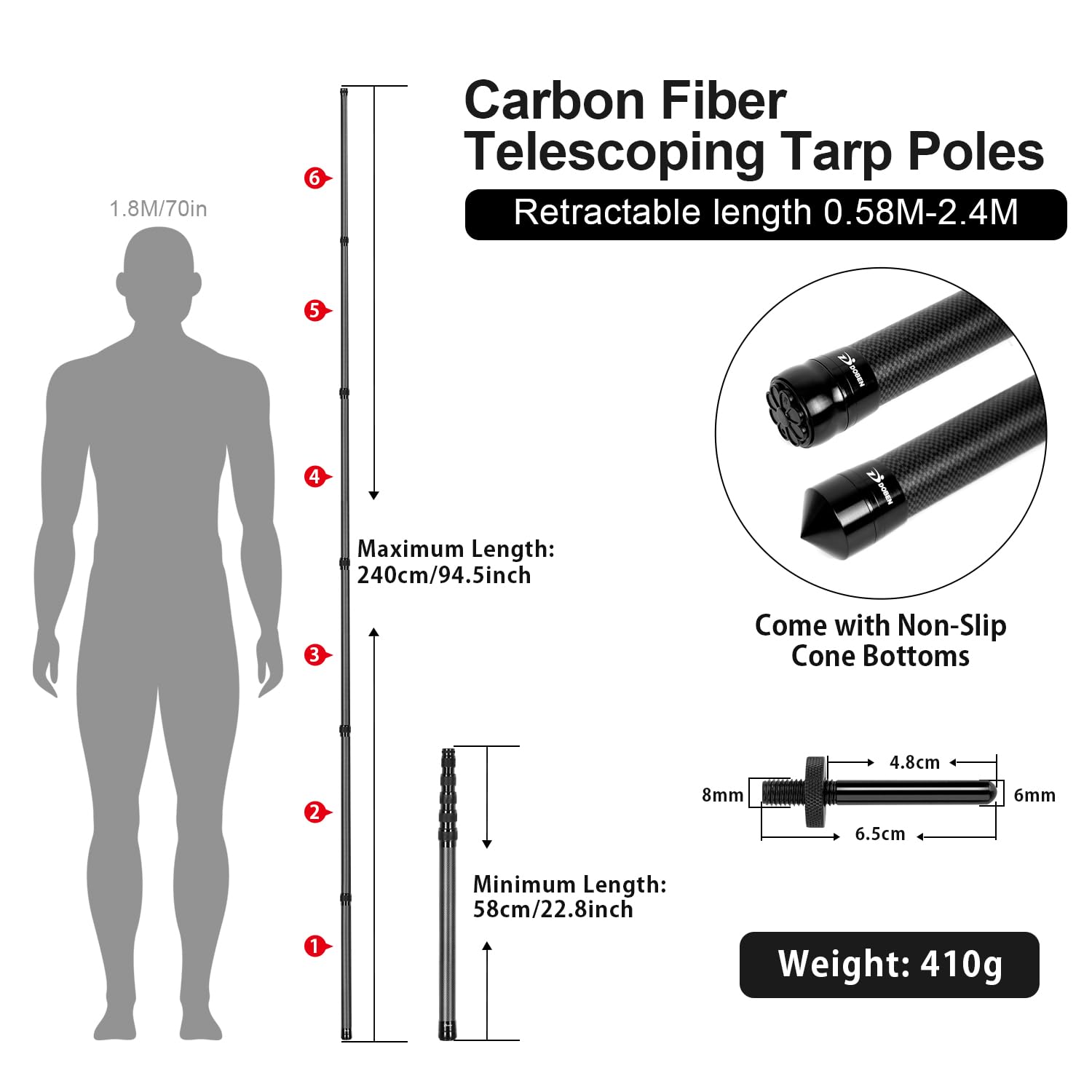 DOBEN 2er Set Kohlefaser Zeltstange Teleskop,2.1m/2.4m/2.7m/3m Verstellbares Teleskopstange Kohlefaser für Zelte Tarp,Ultraleichte Ultrastarke Zeltstange Tarp Stangen für Camping