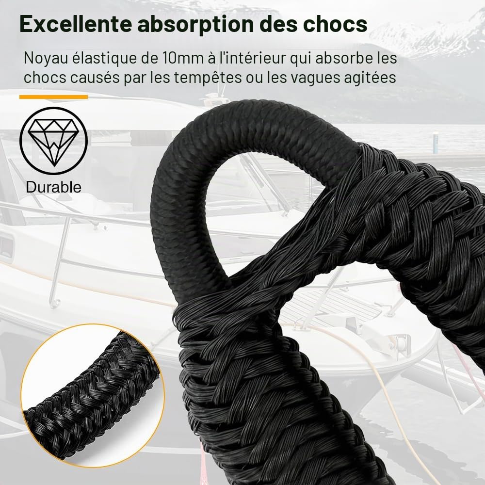 Lot de 2 Cordon pour Bateau, Lignes d'amarrage Élastiques avec Crochet, Corde de Dock Tressée pour Jet Ski, Ponton, Kayak - Accessoires d'Amarre Double