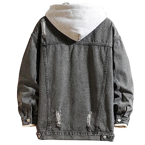 Image of Men's Denim Jacket Distressed Hooded Jean Jackets Baggy Ripped Trucker Coat | Loose Vintage Long Sleeve Denim Hoodie Cotton Button Down Jean Outerwear With Pockets Black Blue Hip Hop Streetwear Casual