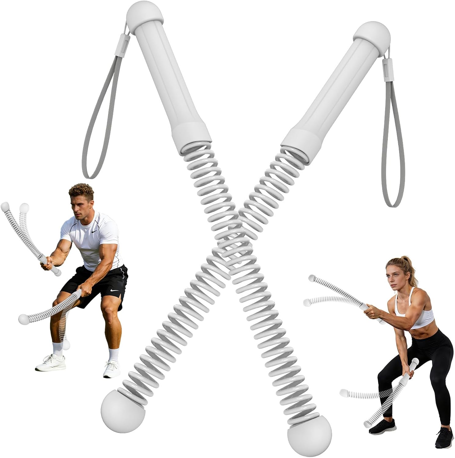 Upgrade Weighted Ropeless Battle Ropes, Workout Exercise Rope for Strength Building, Heavy Duty Quiet Portable Cordless Battle Ropes for Home Gym, HIIT Aerobic Training for Men & Women White