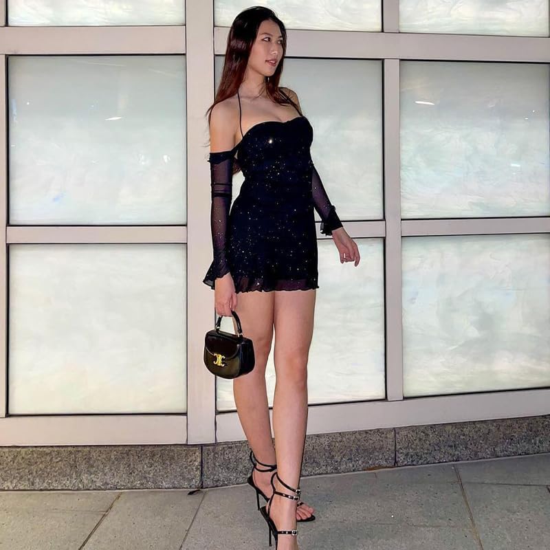 Womens Sexy Sequin Sparkly Glitter Dress Long Sleeve Cocktail Evening Party Mini Dress Party Club Going Out Dresses - Image 3