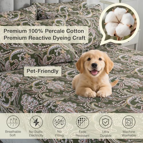 Image of Vintage Paisley Floral Green Percale Sheets, King Size 100% Cotton Extra Deep Pocket Boho Toile Bed Sheets, Soft Crisp Flower Patterned Farmhouse Sheet Set, Shabby Chic Luxury Bedding, 4Pcs