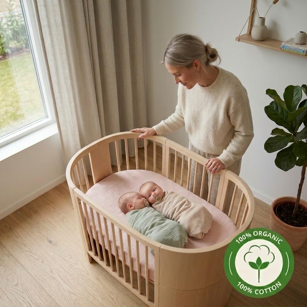 Mini-Bettlaken für Kinderbett, Bio-Baumwoll-Musselin, 61 x 96,5 cm, für Kinderbett zum Packen und Spielen, ultraweich und atmungsaktiv, für Jungen und Mädchen, 2 Stück, Blush/Salbeigrün