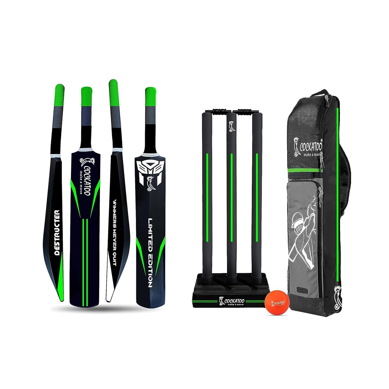 Cockatoo Destructor Complete Cricket Set, Cricket Kit Combo, l Cricket Bat (34'' x 4.5'') with 3 Stumps Wicket Set and 1 Tennis Ball,Size-8(12 Year & Above)