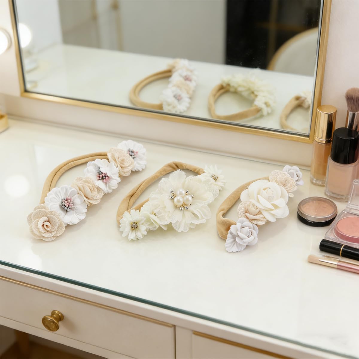 Ubric Diadema de flores de tela, accesorios para el cabello para niñas para recién nacidos, tocado para el cabello