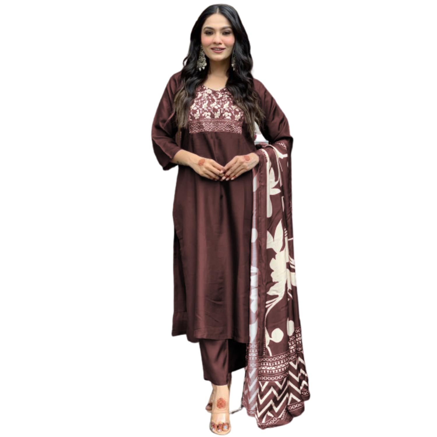 SHIENZY Kurta Set for Women || Kurta Pant and Dupatta Set for Women (SH-1680-1), Brown, 3XL
