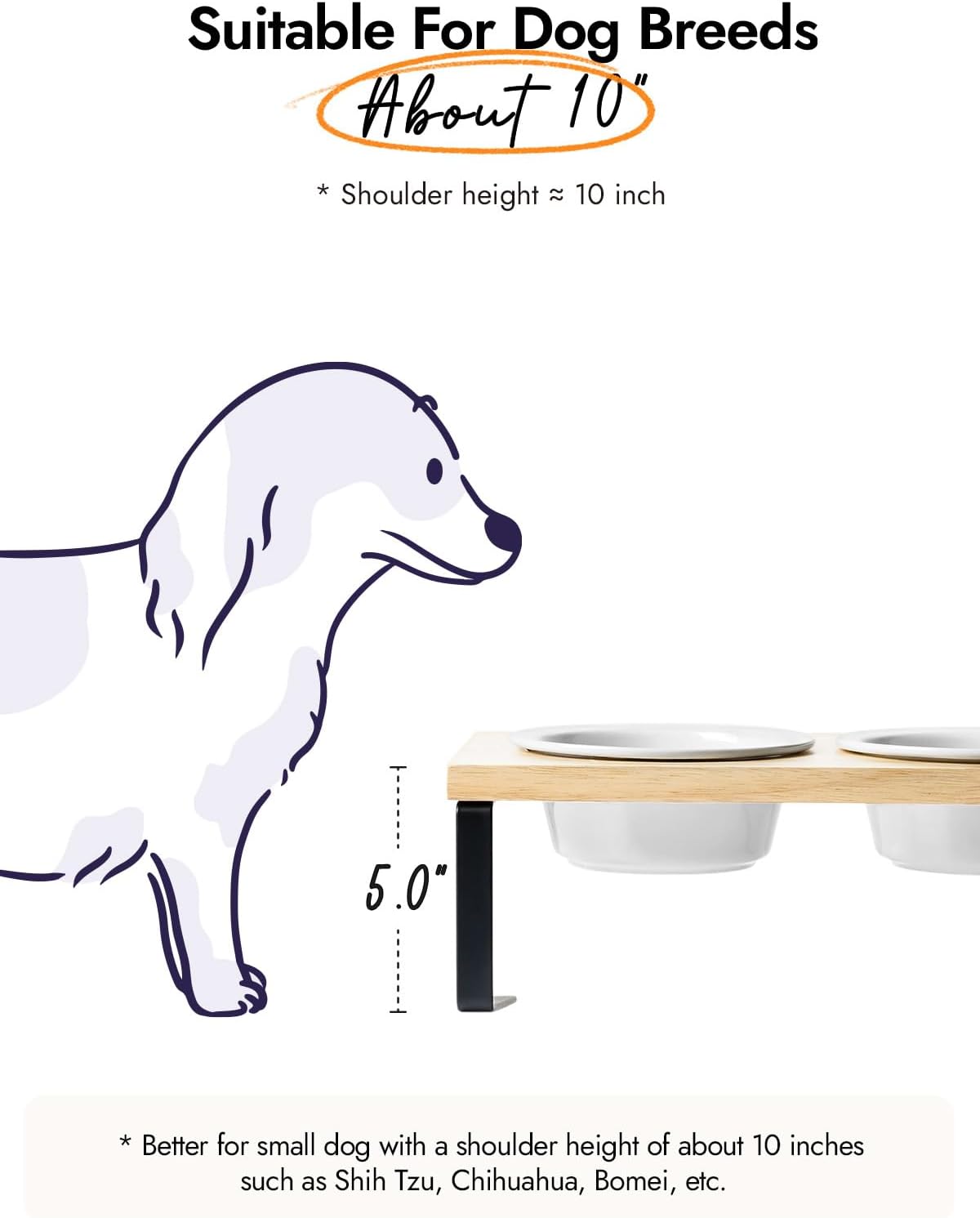 Elevated Dog Bowls, Raised Dog Bowl Stand with Two 5.1 inch Ceramic Bowls, Non-Slip Cat Food and Water Dish for Small and Medium Breed, White - Image 7