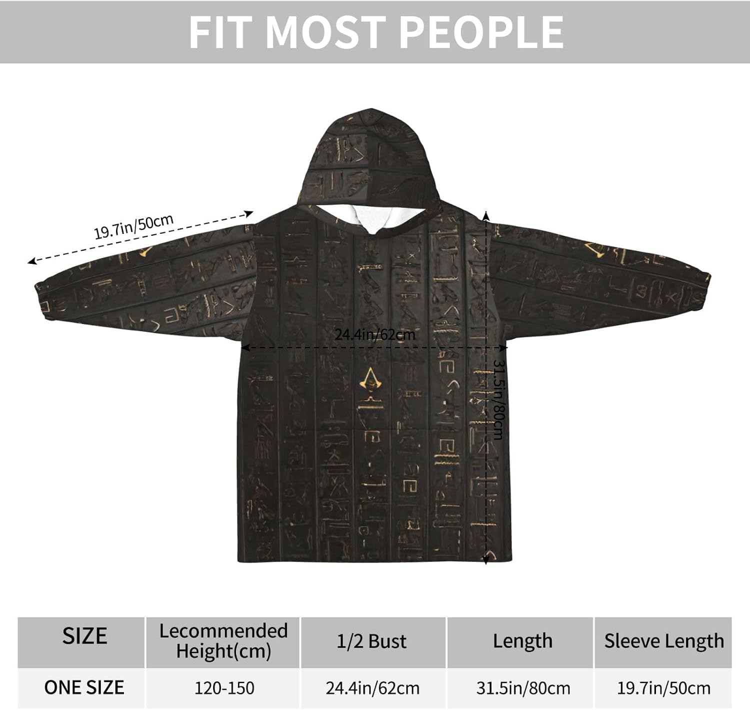 Ancient Egyptian Hieroglyph Print Oversized Blanket Hoodie, Wearable Blanket Hooded,Hooded Pullover With Pocket