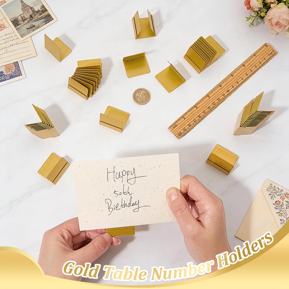 50 soportes dorados para números de mesa, soportes de metal para tarjetas de nombre, soportes para letreros de fotos para bodas, cumpleaños, eventos, aniversarios, fiestas, restaurantes