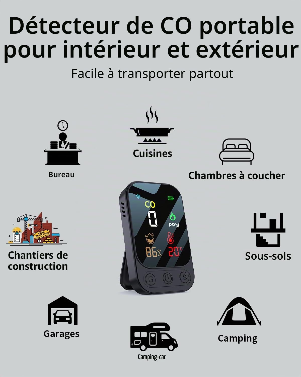 Détecteur de monoxyde de carbone portable 3 en 1, détecteur de monoxyde de carbone rechargeable avec affichage de la température et de l'humidité, portable pour la maison, la caravane, le