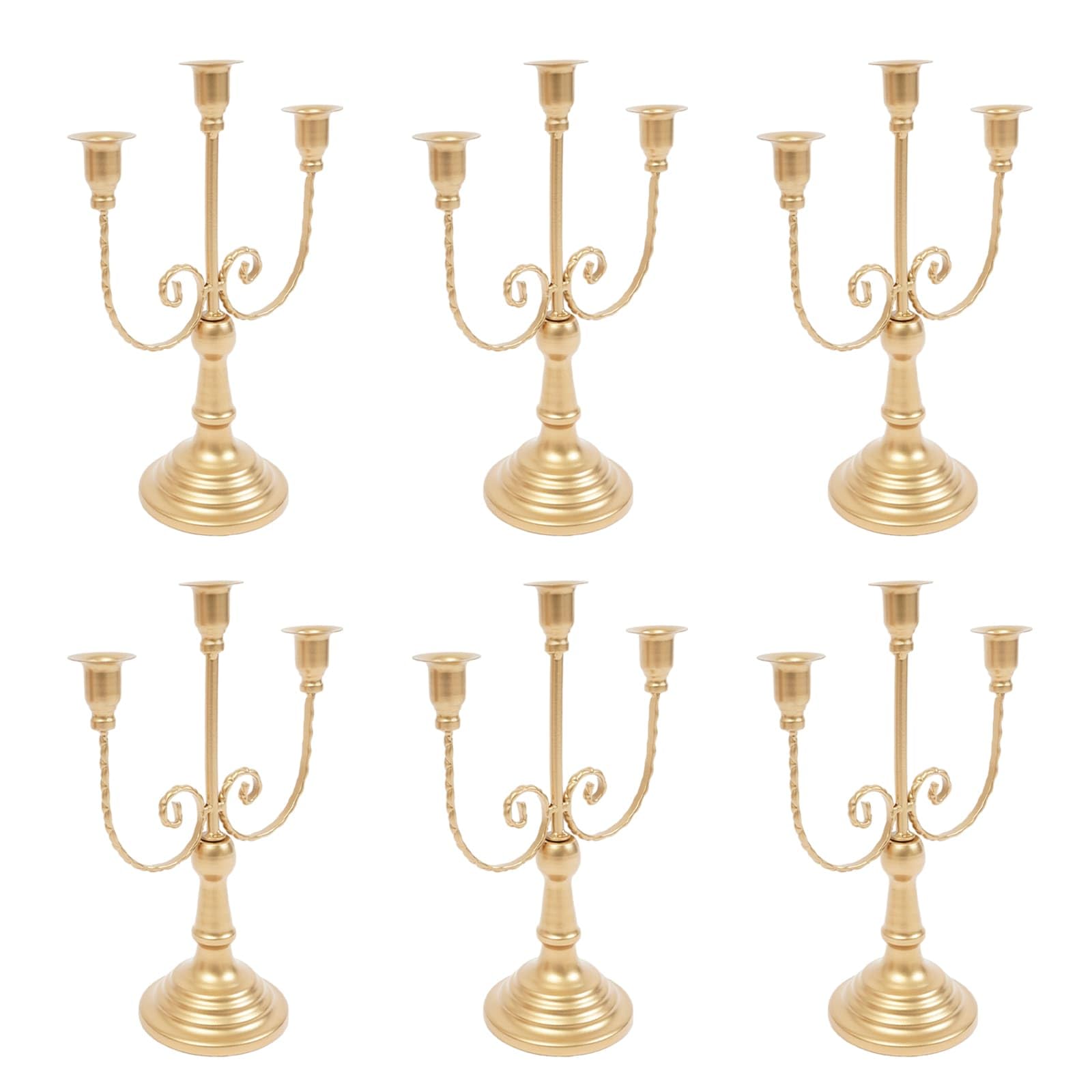 Set di 6 candelieri in metallo a 3 bracci, stile retrò, 20 x 30 cm, per candele da 2 cm, ideale per ristorante, soggiorno, hotel, matrimoni, cene, compleanni (oro)