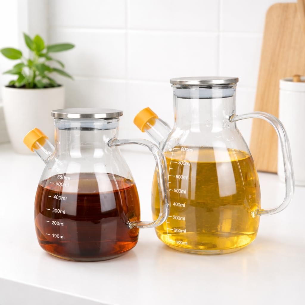 Eden & Willow Glass Olive Oil Bottle, Vinegar Cruet Bottle with Non-Drip Spout – Kitchen Cooking Oil Dispenser Drizzler with Stainless Steel Lid and Handle, Set 2 (Mixed Sizes)