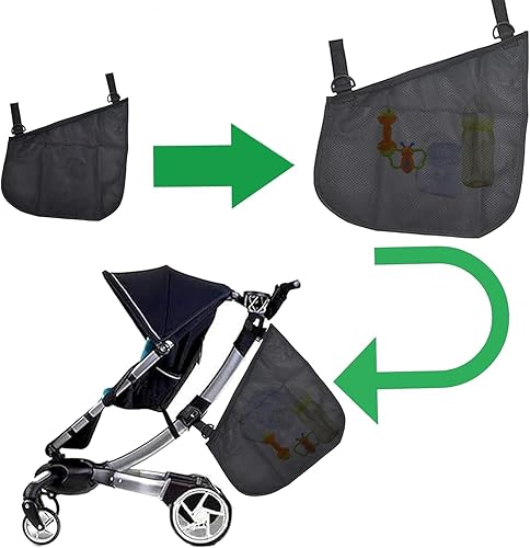 Miniatura 6 de Paquete de 2 redes de carga universales para cochecito lateral con correas antideslizantes y ajustables, organizador de carga de malla para