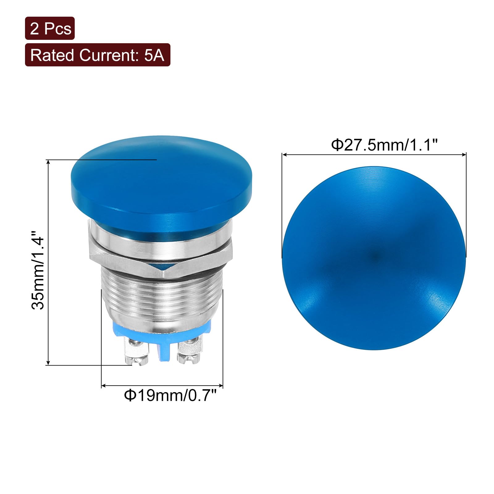METALLIXITY 2PCS 5A 19MM 3/4" Momentary Mushroom Head Push Button Switch 12V 24V 120V 250V AC Blue 1NO Waterproof IP65 SPST Domed Round 2 Screw Foot Button Switch - Image 2