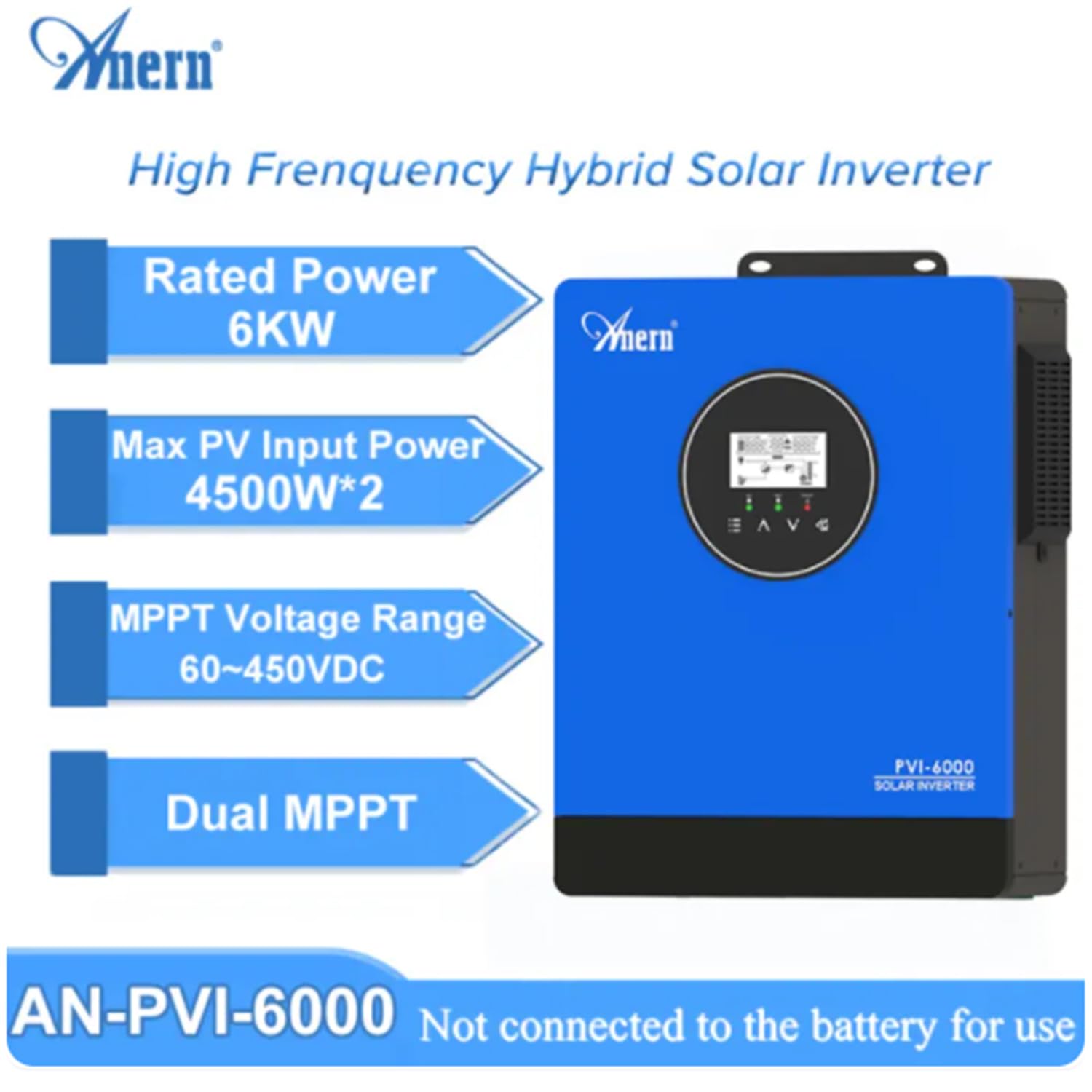 Anern Onduleur Solaire 6KW 220V-240V CA intégré 2 MPPT Fonction CT Convertisseur,Impossible de Connecter la Batterie Peut Connecter Un Moteur 3P ou Une Pompe à Eau,Tension MPPT 60-450V CC