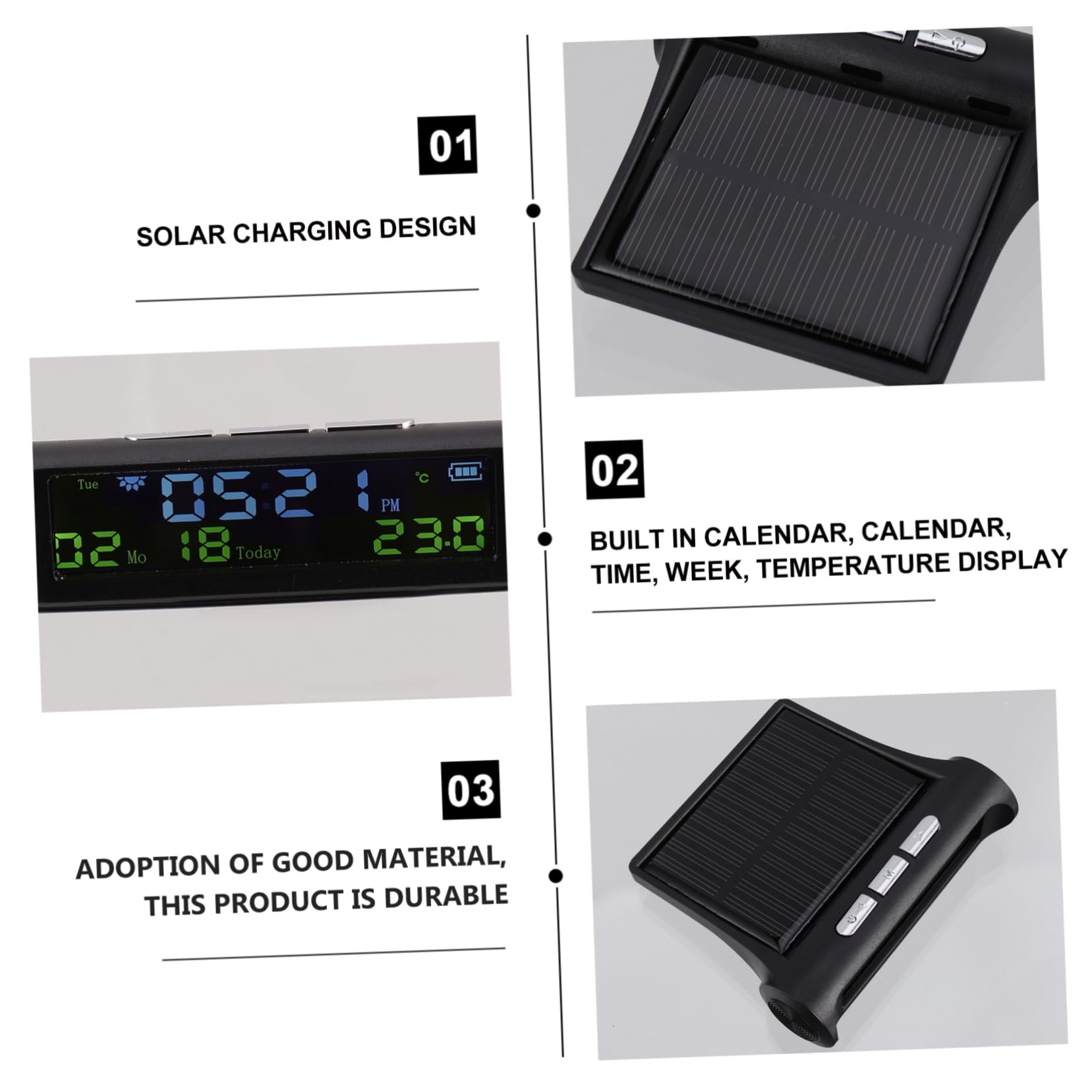 Gatuida 2piezas Reloj Digital Solar Para Coche Integrado Monitor De Temperatura y Presión De Neumáticos Pantalla Clara Para Uso Diurno y Nocturno Diseño Compacto y Portátil