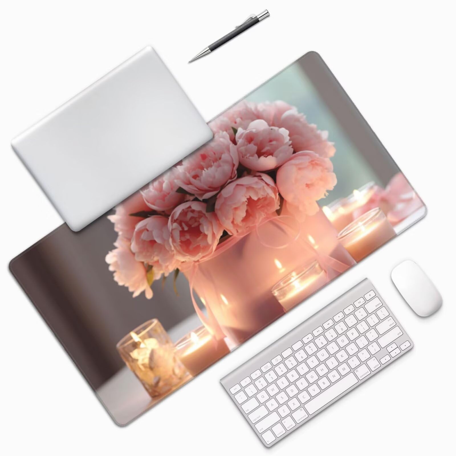 Gaming Mauspad XXL 1200x400x3mm Mousepad Verlängertes Groß Mauspad Schreibtischauflage,Genähte Kanten rutschfeste Gummibasis,Verbessert Präzision Geschwindigkeit Home Office Rosa Blumenkerze L-4506