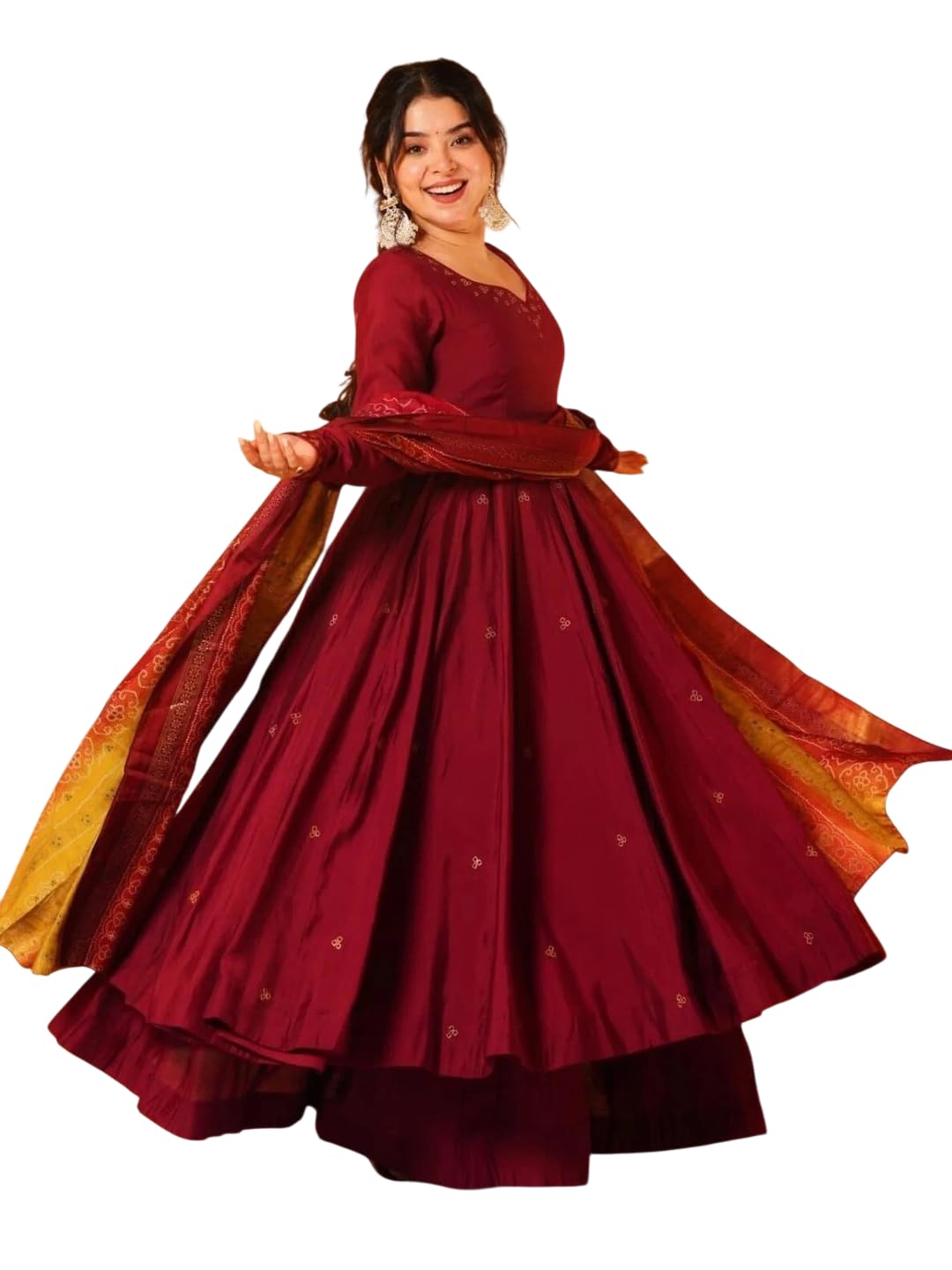 Women Roman Silk Anarkali Kurta Palazzo Set with Chinon Dupatta Embroidered Ethnic Gown Set for Women Party Wedding Festive Traditional Flared Kurti Outfit Maroon-picture-11