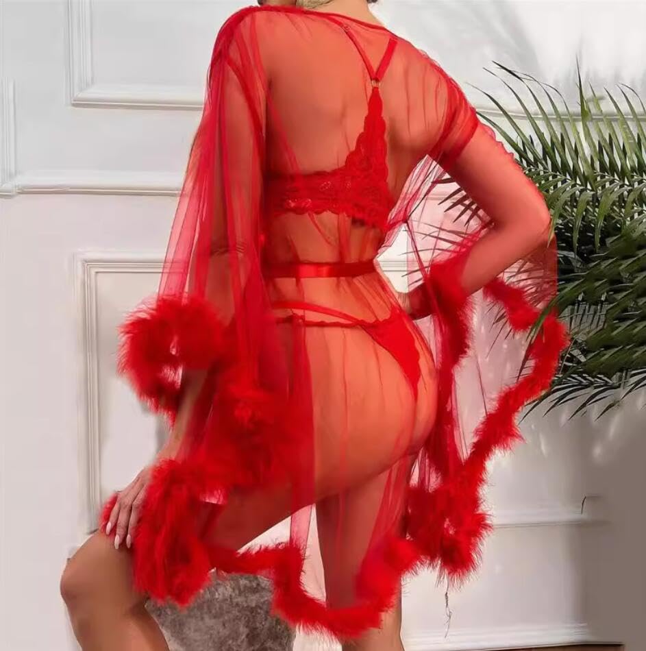 MioCloth Sexy Tulle Feather Robe Sheer Mesh Fur Illusion Robe Nightgown Bridal Lingeries Gift Women Feather Trim Dress4