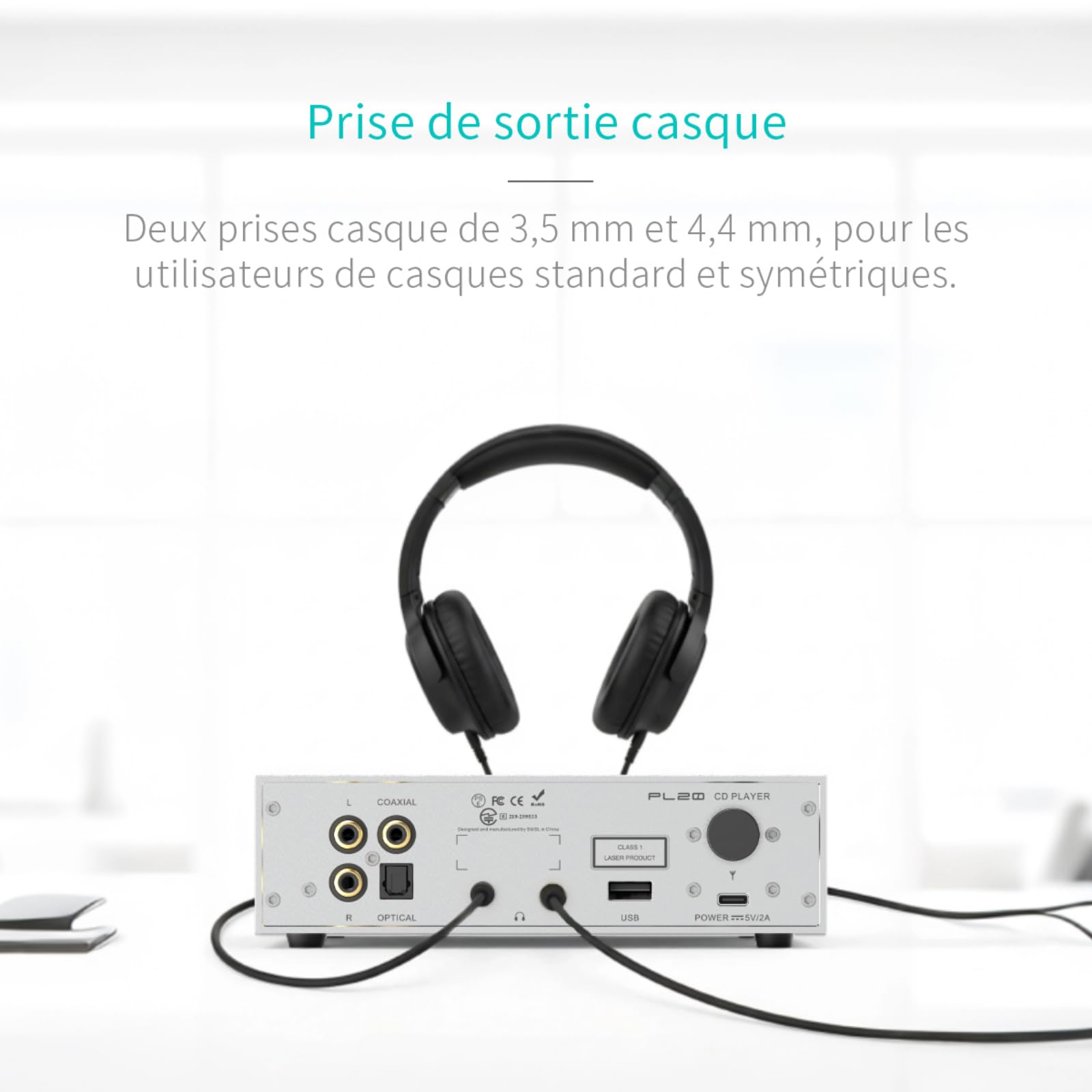 SMSL PL20 Lecteur CD HiFi pour la Maison, Lecteur CD Bluetooth, 2 puces CS43131, clé USB/entrée Bluetooth RCA/BT/3,5 mm/4,4 mm équilibrée/Optique/coaxiale, Argent