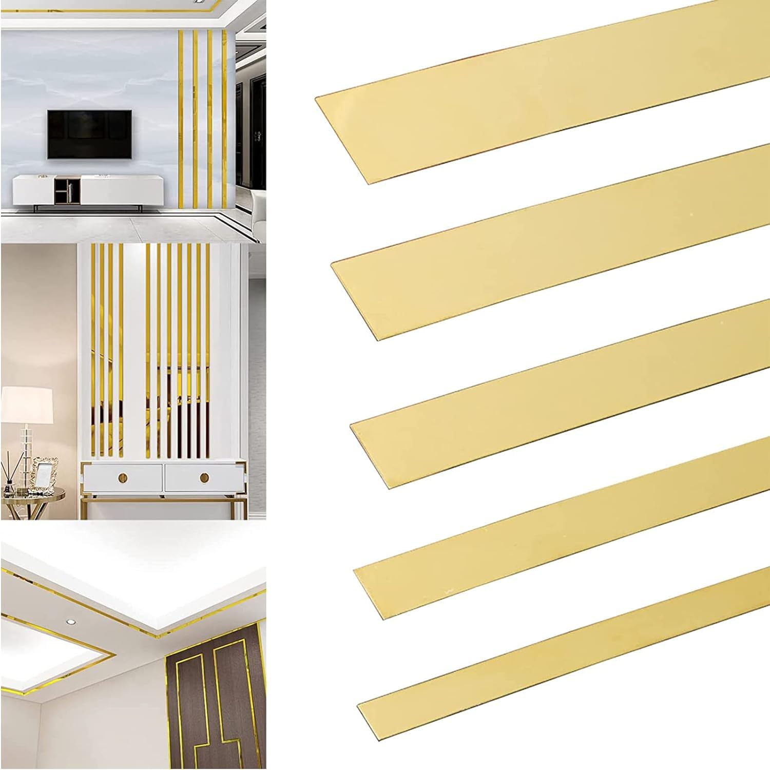 Stainless Steel Wall Molding Trim, 16.4ft Metallized Mirror Like Finish Decorative Trim, Peel and Stick, Self-Adhesive Metal Trim for Ceiling, Mirror Frame (Gold, 3cm)