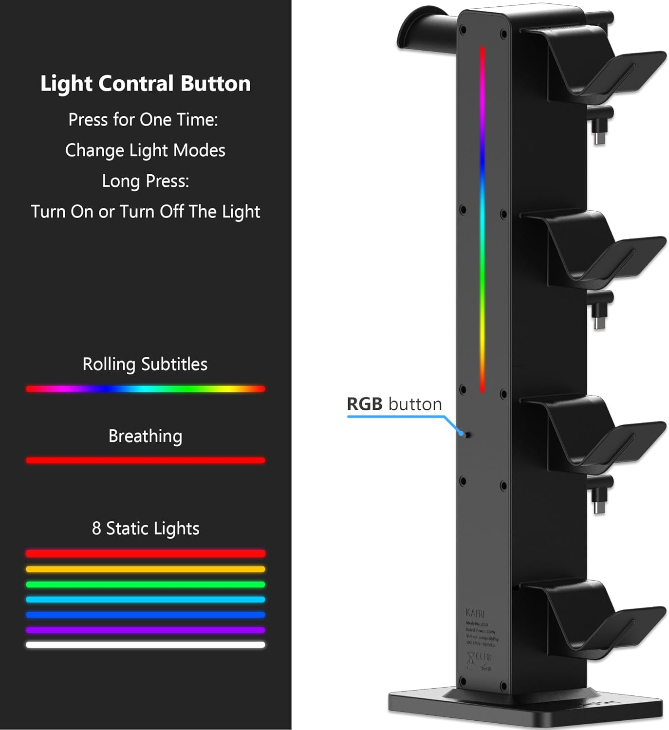 KAFRI RGB Gaming Headphone Stand with 8 Light Modes, Controller Holder for Desk - with Retractable Charger Cable - 2 Outlet Power & 4 Type-C Charging Port for PC Gamer Accessories(Black) - Image 3