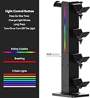 Vista 3 de KAFRI RGB Gaming Headphone Stand with 8 Light Modes, Controller Holder for Desk - with Retractable Charger Cable - 2 Outlet Power & 4 Type-C