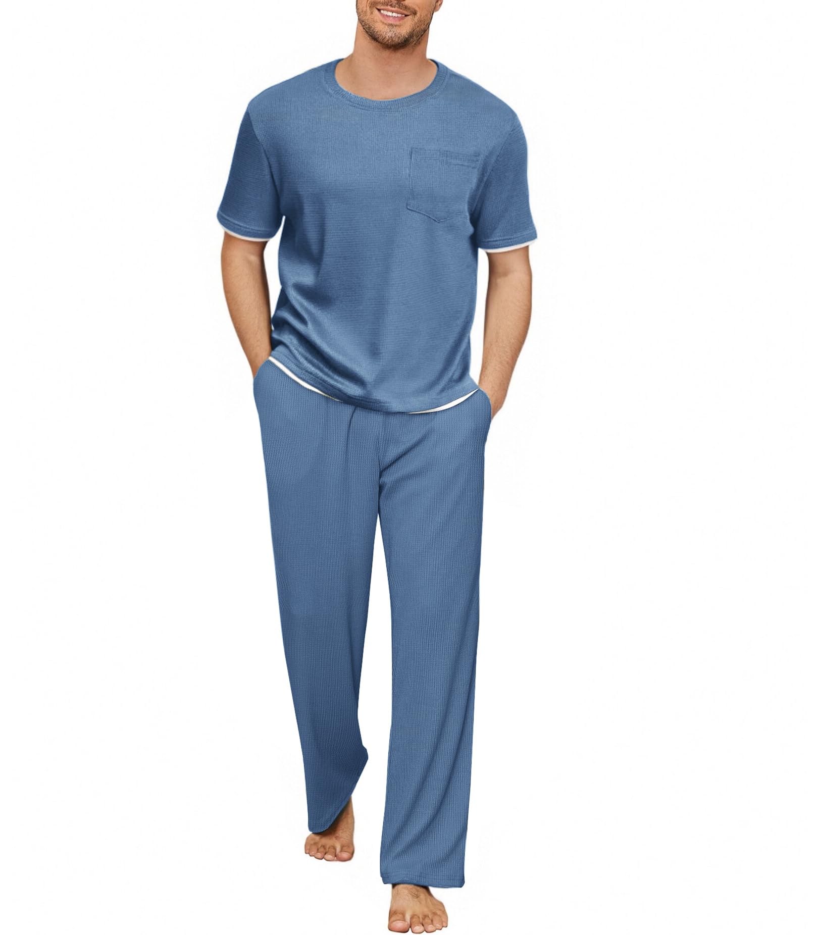 Andeip Mens Pajamas Set Waffle Crew Neck Loungewear Cozy Sleepwear Short Sleeve Top and Long Pants Pj Set with Pockets