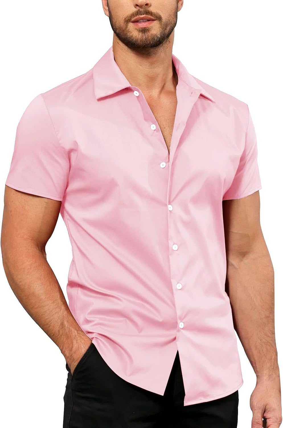 Casual Dress Shirt for Men Summer Plain Business Collared Tee Tops Classic Basic Short Sleeve Button Down Shirts