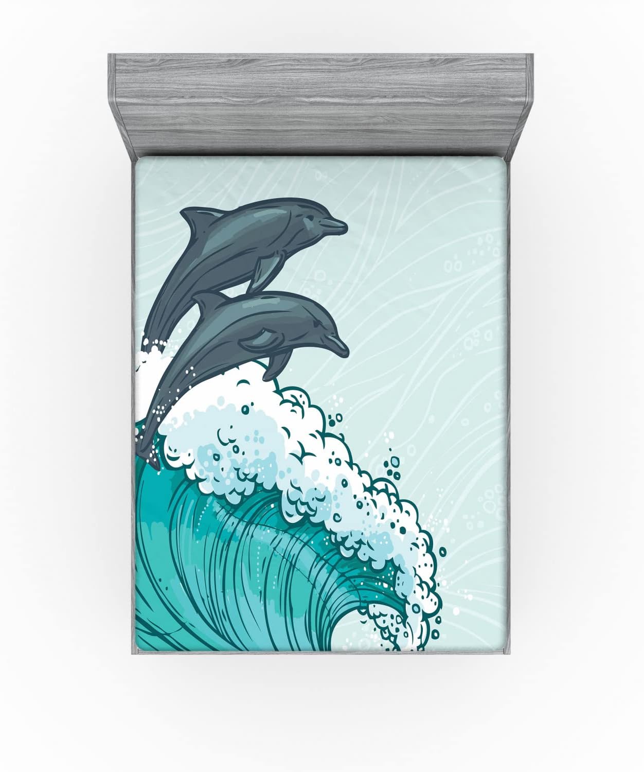 Ambesonne Sea Animals Fitted Sheet, Waves Flowing Water Sketch Sea Ocean and 2 Dolphins Summertime, Bed Cover with All-Round Elastic Pocket for Comfort, California King, Turquoise Blue