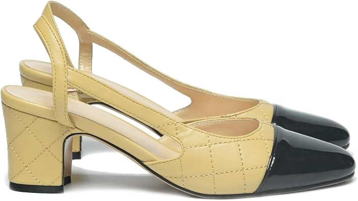 LEHOOR Chunky Heel Slingback Pumps Cap Toe Two Toned for Women, Mid Block Heel Almond Pointy Toe Sandals Quarter Strap Hollowed Backless DOrsay Slip On Sandals Office Party Prom 5-13 M US