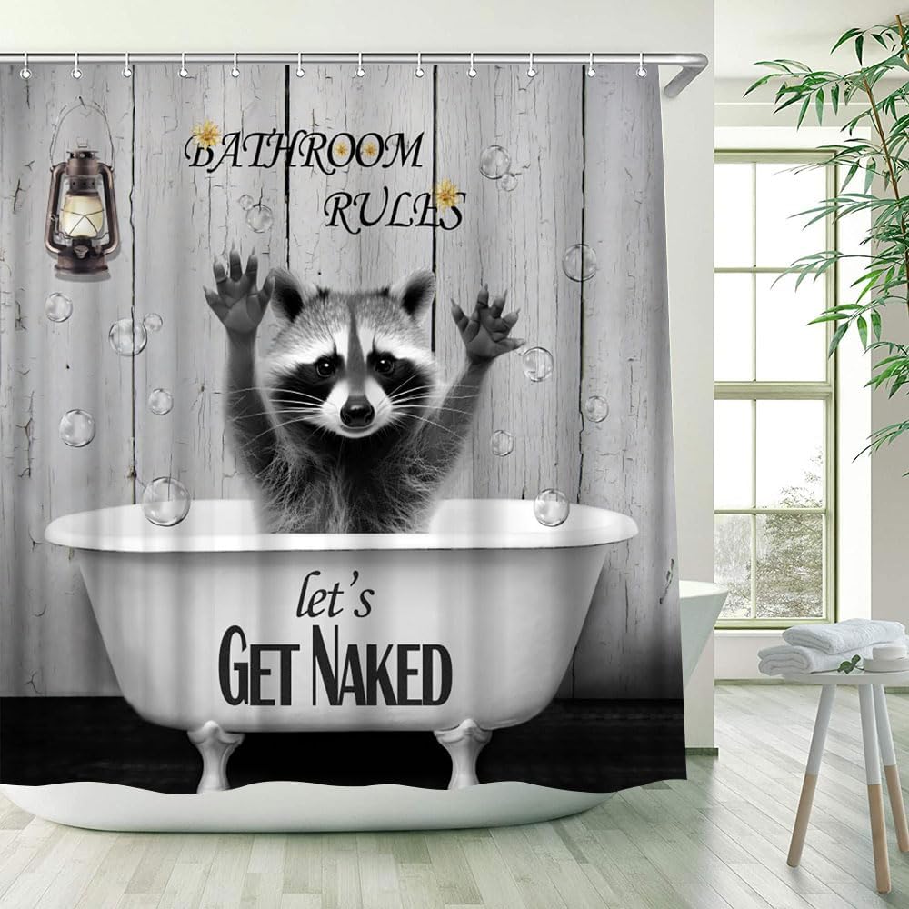 Funny Raccoon Shower Curtain Lovely Animals in Bathtub Bubble Yellow Floral Rustic Wooden Board Wildlife Bathroom Decor Fabric Curtains with Hook 80Wx70H Inches
