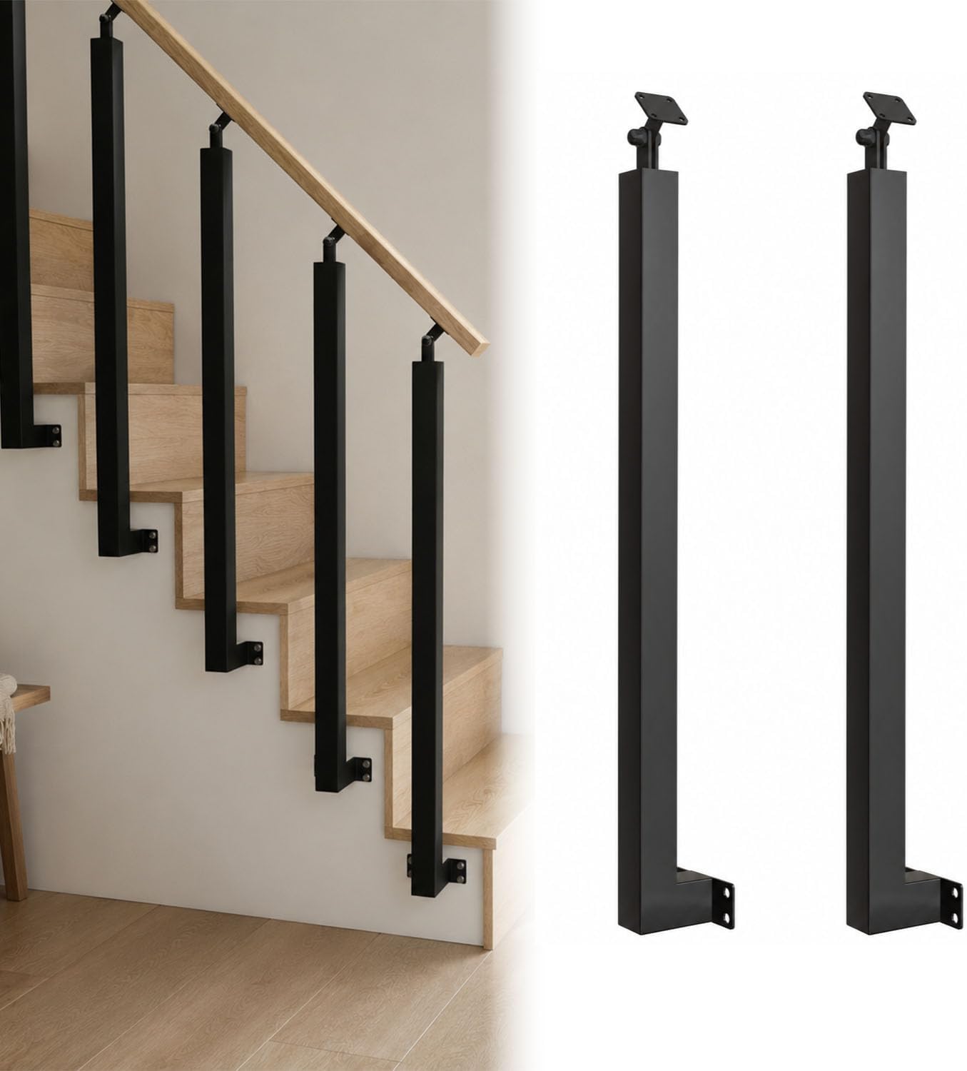 Side Mount Stair Railing Post 35.4in 4-Pack | Heavy-Duty Handrail Posts, Adjustable Metal Railing Spindles, Easy Side Mount Installation for Stairs, Deck, Porch & Balcony