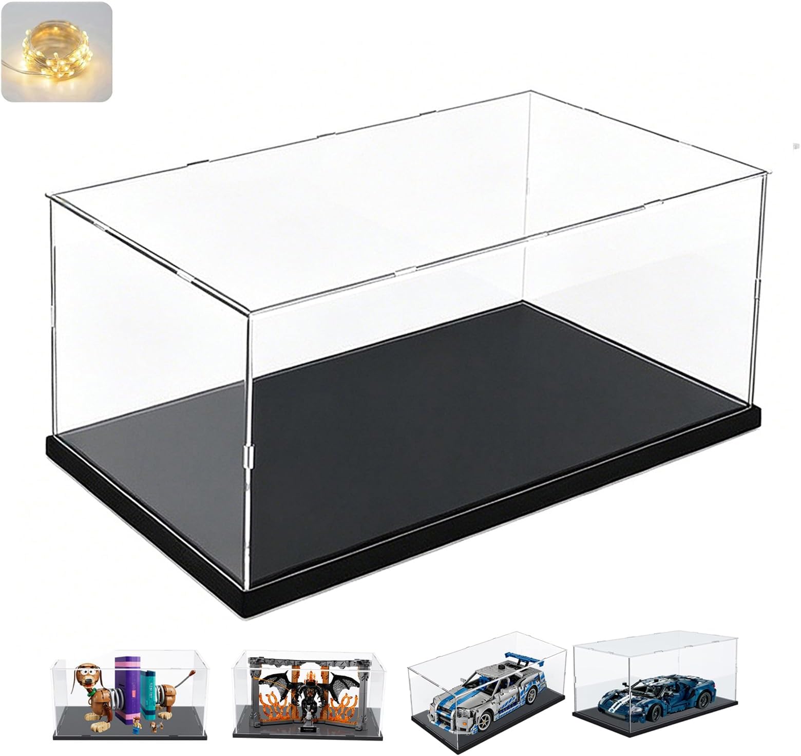 Thickened Clear Acrylic Display Case for Lego 2022 Ford GT 42154 for Lego BTS Dynamite 21339 for Funkos 42669 42160 10300 Collectibles Transparent Box with String Light, Black Inside 17.7x9.8x7.9inch | Transparent box for 2022 Ford GT Skyline GT-R R34 42331 10367 Balrog Book Nook 43301 Slinky Dog, Black Inside 17.7x9.8x9.8in
