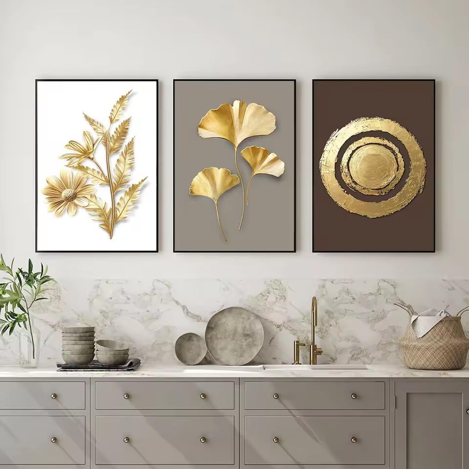 Décoration intérieure salon mur vide solution affiches fleurs dorées feuilles 3PCS