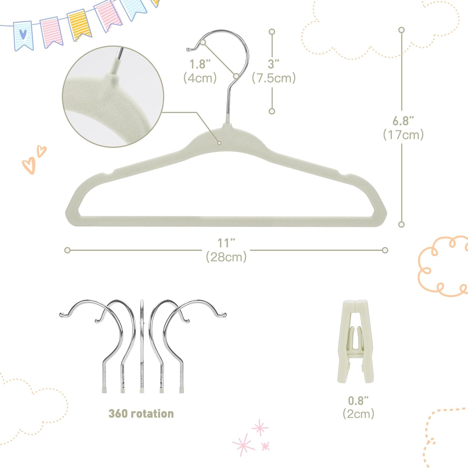 Velvet Baby Hangers with Clips (30 Pack) | 11” Ultra-Slim Baby Clothes Hangers | Non-Slip Felt | Space-Saving Nursery & Infant Closet Organizer | Beige - Image 3