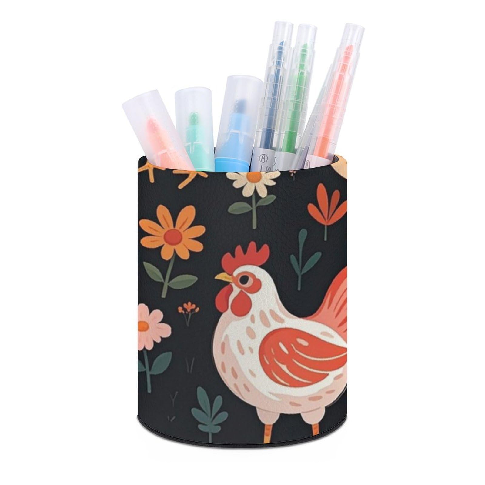 FekiLoot PU Leather Round Pen Holder Cute Rooster Chickens Pencil Holder Desk Organizer Pen Organizer Pen Cup Pencil Cup Caddy Desktop Stationery Organizers for Office Home Supplies