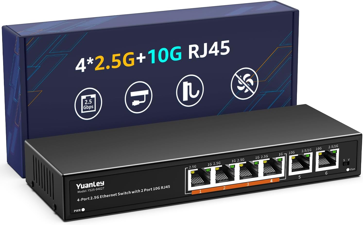 10Gb Ethernet Switch Unmanaged with 2 x 10Gbe RJ45 Ports, 4 x 2.5G Base-T Ports, Plug and Play, VLAN, Wall Mount, YuanLey 6-Port 10 Gigabit Network Switch with Metal Case Fanless