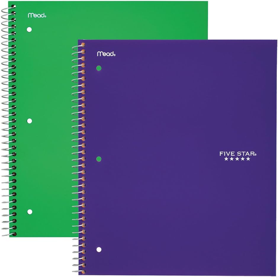 Five Star Spiral Notebooks, 1 Subject, Wide Ruled Paper, 100 Sheets, 10-1/2" x 8", Green, Purple, 2 Pack (38217)