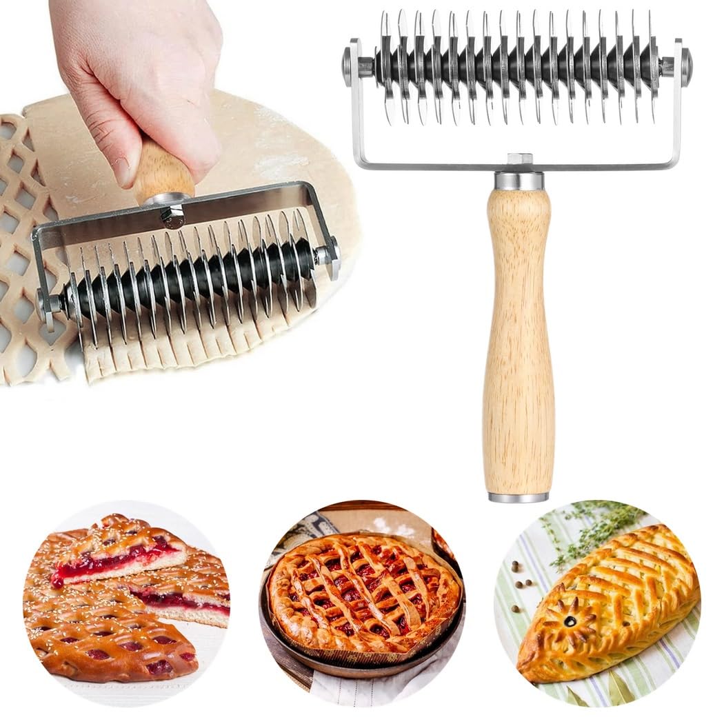 Pizza and Pastry Lattice Roller Cutter with Wooden Handle and Stainless Steel Blade for Decorative Crust