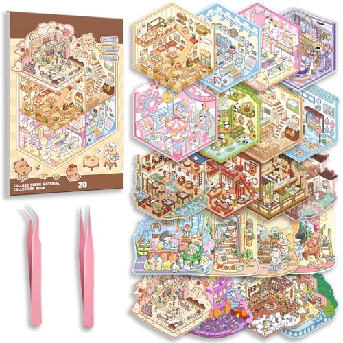 20 Sets DIY 3D Sticker Scene Collection Book for Kids Adults Cute Make Your Own Shop House Stickers for Gifts Stickers Therapy for Adult Relief Stress Pass The Time Play Park Hamburg Castle Library