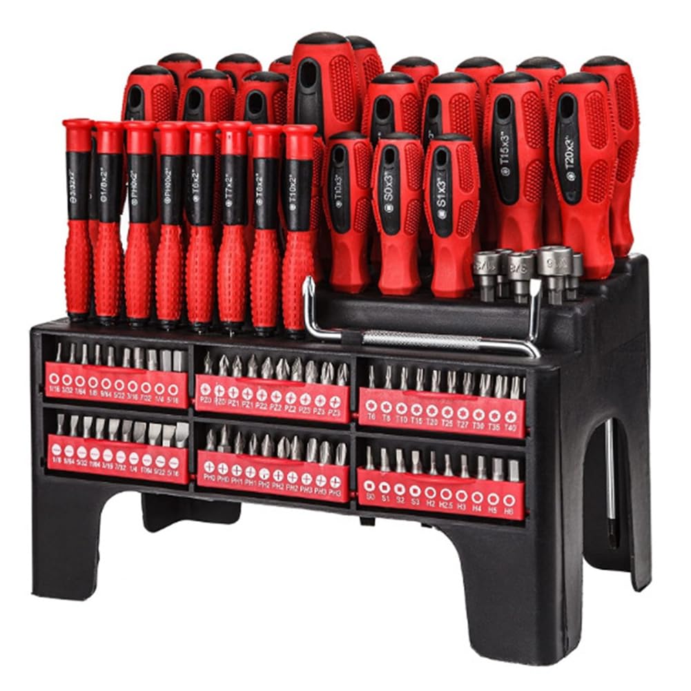 Juego de 100 Destornilladores Magnéticos para Uso Profesional con Soporte de Almacenamiento, Color Rojo