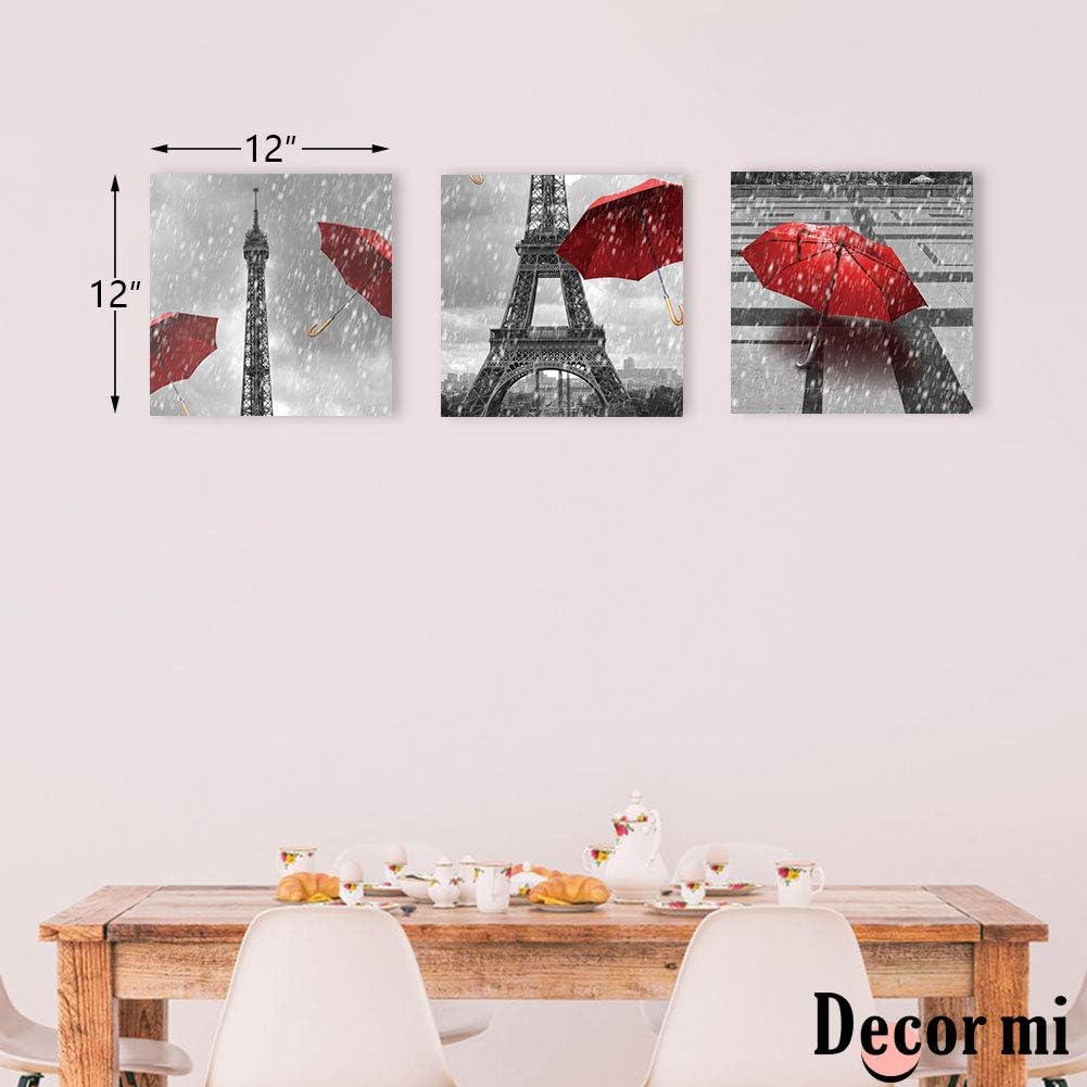 Decor MI Paris Decor Canvas Wall Art Paris Eiffel Tower Red Umbrella Wall Art Prints Black White Wooden Framed Canvas Oil Painting for Living Room Bedroom Bathroom Kitchen Vertical Wall Decor 12x12 Inch 3 Pieces