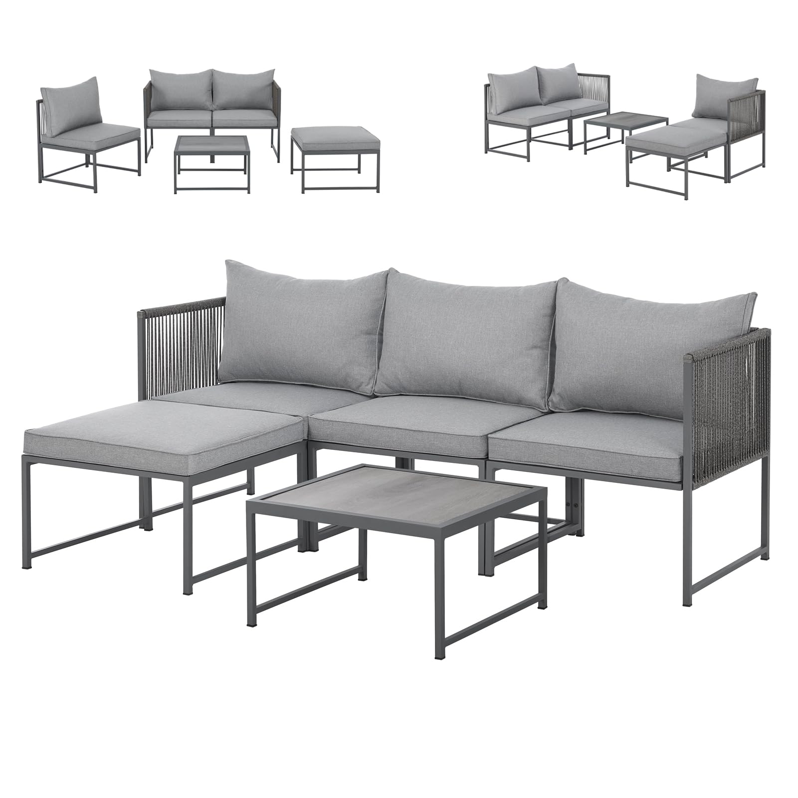 SVITA Detroit Gartenmöbel Set Polyrattan Lounge Modular Ecksofa Chaiselongue Tisch Flexibel als 3 Sitzer oder Sessel 2 Sitzer Inklusive Kissen Grau