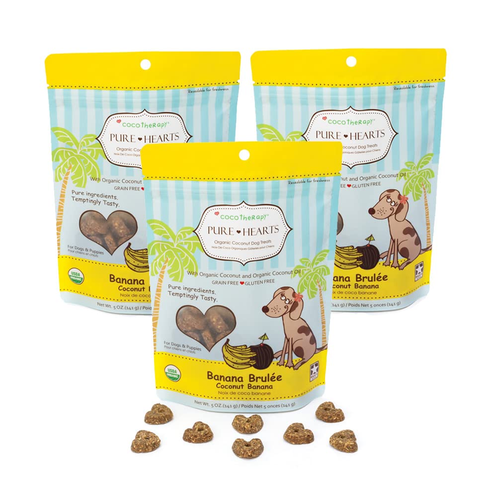 CocoTherapy3 Pack of Banana Brulee Pure Hearts Coconut Cookies, 5 Ounces Each, Organic Dog Treats Made in The USA